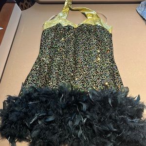 Dress up dancer dress with feather bottom, gold beading